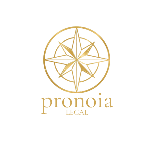Logo containing an 8-point star within two unbroken circles above the words pronoia legal